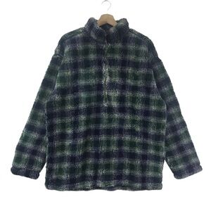 Vintage Lands End Green Plaid Fleece Pullover